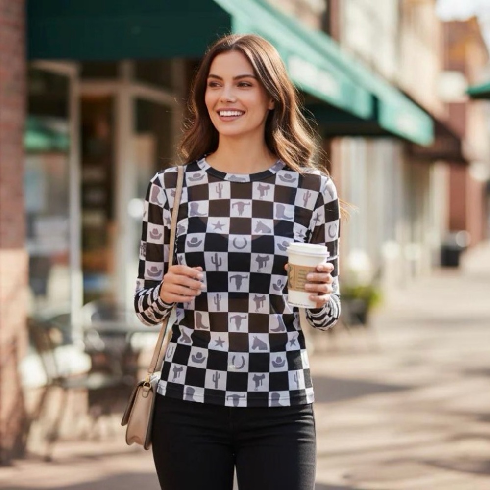 Western MESH Shirt, Checkered Cowgirl Shirt, western motif shirts, BODYCON